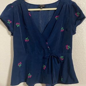 OLM blouse size XL juniors navy blue cherry 🍒 prints